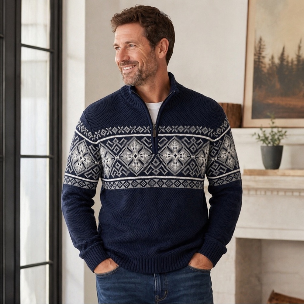 IZOD Men’s XL Quarter Zip Sweater Fair Isle Nordic Knit Peacoat Blue NWT